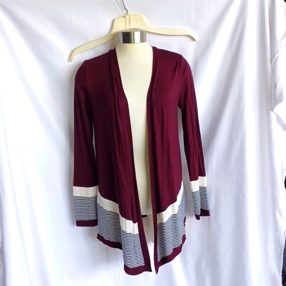 Maurice’s Burgundy Cardigan W/Black&White Stripes, XS, 20" PTP, 28"L
